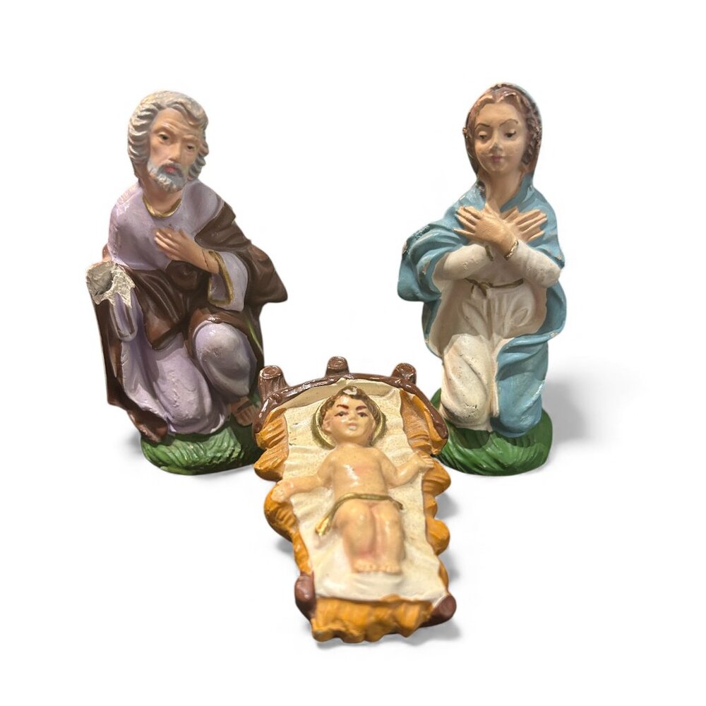 Vtg Italian Plaster Nativity Set Mary Joseph Baby Jesus 1950s Italy Stamp Creche